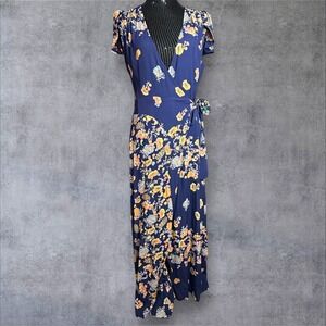 Free‎ People Floral Jess Wrap Maxi Dress in Blue/Orange Size Small